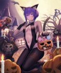  3boys 3girls animal_ears assassin_(fate/zero) bare_shoulders barefoot belt black_gloves black_legwear breasts candle candy cat_ears cat_tail center_opening church dark_skin dark_skinned_female fake_animal_ears fake_tail fate/grand_order fate_(series) feet female_assassin_(fate/zero) fingerless_gloves flag food fujimaru_ritsuka_(female) fujimaru_ritsuka_(male) gloves halloween halloween_bucket halloween_costume hassan_of_serenity_(fate) hassan_of_the_cursed_arm_(fate) highres holding holding_weapon king_hassan_(fate) kunai looking_at_viewer moon multiple_boys multiple_girls night night_sky ponytail pumpkin purple_eyes purple_hair short_hair sky suraimu_(suraimuraimu) tail weapon 
