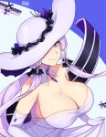  1girl aircraft airplane azur_lane band-width biplane blue_eyes breasts cleavage commentary_request dress elbow_gloves gloves hat hat_over_one_eye highres huge_breasts illustrious_(azur_lane) long_hair looking_down mole mole_under_eye parted_lips purple_hair signature smile solo sun_hat swordfish_(airplane) very_long_hair white_dress white_gloves white_headwear 
