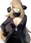  1girl black_coat blonde_hair blush breasts cleavage coat collarbone cynthia_(pokemon) eyelashes fur-trimmed_coat fur_collar fur_trim grey_eyes hair_ornament hair_over_one_eye hand_on_hip highres long_hair looking_at_viewer pokemon pokemon_(game) pokemon_dppt ririmon simple_background smile solo symbol_commentary white_background 