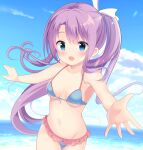  1girl absurdres bikini blue_bikini blue_eyes blush breasts cloud eyebrows_visible_through_hair fang frilled_bikini frills hair_between_eyes hair_ribbon highres long_hair navel ocean open_mouth ponytail purple_hair re:stage! reaching_out ribbon rst_hoshinono sky small_breasts solo standing swimsuit swimwear tsukisaka_sayu water 