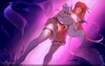  1girl absurdres bangs breasts cat cleavage crossed_bangs dress dutch_angle earrings elbow_gloves fangs gloves hair_ornament highres horns jewelry kardie league_of_legends lips long_hair looking_at_viewer medium_breasts red_eyes red_hair solo star_guardian_(league_of_legends) thighhighs white_gloves white_legwear wings 