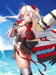  1girl :p absurdres akashiro_yulice antenna_hair ass azur_lane bangs black_panties blue_sky breasts cloud cloudy_sky commentary_request dango food from_side garter_straps hair_ornament highres holding horizon huge_filesize iron_cross large_breasts long_hair looking_at_viewer looking_to_the_side machinery mole mole_on_breast multicolored_hair ocean panties pointing pointing_at_self prinz_eugen_(azur_lane) sideboob sidelocks sky smile solo sunlight tongue tongue_out turret two-tone_gloves two-tone_hair two-tone_legwear two_side_up underwear wagashi white_hair wind 