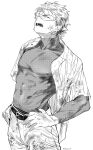  1boy absurdres ace_of_diamond baseball_jersey belt closed_eyes covered_abs covered_navel covered_nipples dirty dirty_clothes dirty_face greyscale hands_on_hips highres male_focus miyuki_kazuya monochrome open_clothes open_mouth pants polypumb_fr shirt short_hair sideburns solo sweat taut_clothes taut_shirt toned toned_male visor 