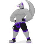  anthro balls_outline bulge canid canine canis clothed clothing fur genital_outline hair male mammal muscular muscular_anthro muscular_male notkastar one_eye_closed overalls penis_outline solo wink wolf zatch_(character) 