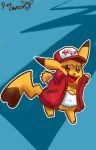  clothing fatal_fury female feral fur hat headgear headwear hi_res jacket jumping king_of_fighters nintendo open_mouth pikachu pikachurin pok&eacute;mon pok&eacute;mon_(species) simple_eyes smile snk solo tattered_clothing terry_bogard topwear video_games 