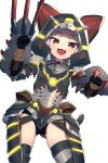  1girl :d animal_ears armor ass_visible_through_thighs bangs black_gloves black_leotard blush breastplate cat_ears character_request commentary_request elbow_gloves eyebrows_visible_through_hair fake_animal_ears fang gloves glowing grey_hair highres leotard looking_at_viewer monster_hunter_(series) monster_hunter_rise open_mouth paw_pose red_eyes simple_background smile solo wagashi928 white_background 
