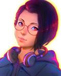  1girl absurdres alex_chen black_hair brown_eyes commission dutch_angle glasses headphones headphones_around_neck highres hood hoodie ilya_kuvshinov life_is_strange lips looking_at_viewer portrait second-party_source short_hair solo white_background 