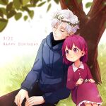  1boy 1girl ahoge child closed_eyes dress fate/zero fate_(series) flower flower_wreath hair_ribbon head_wreath hood hoodie matou_kariya matou_sakura purple_dress purple_eyes purple_hair r.sw red_ribbon ribbon short_hair sitting sweater tree turtleneck turtleneck_sweater uncle_and_niece white_hair younger 