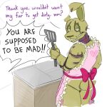  ... 1:1 2021 animatronic anthro apron apron_only bedroom_eyes clothing dialogue endoskeleton english_text exposed_endoskeleton five_nights_at_freddy&#039;s green_body green_nose green_tail grey_background half-closed_eyes head_turned humanoid lagomorph leporid long_ears looking_at_viewer looking_back machine male mammal monsterdongles mostly_nude multicolored_body narrowed_eyes notched_ear rabbit robot seductive short_tail simple_background solo speech_bubble springtrap_(fnaf) standing tagme talking_to_viewer teeth text torn_arm torn_body torn_face torn_leg two_tone_body video_games wire 
