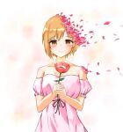  1girl aiba_yumi amanatsu_(moooomrrrun1) anemone_(flower) blonde_hair blurry blurry_background blush closed_mouth collarbone crying detached_sleeves dress eyebrows_visible_through_hair flower hands_together highres holding holding_flower idolmaster idolmaster_cinderella_girls off-shoulder_dress off_shoulder petals pink_dress ribbon_trim short_hair simple_background smile solo teardrop tears transformation upper_body 