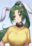  1girl animal_ears bangs blue_background blush breasts bunny_ears closed_mouth commentary_request eyebrows_visible_through_hair fake_animal_ears gradient gradient_background green_eyes green_hair highres higurashi_no_naku_koro_ni large_breasts long_hair looking_away looking_to_the_side parted_bangs ponytail shirt short_sleeves signature solo sonozaki_mion tarako_jun turtleneck upper_body very_long_hair wavy_mouth yellow_shirt 