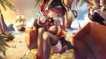  1girl absurdres barrel beach bird boots breasts coat crab cutlass_(sword) gloves goblet gold gold_coin hat head_tilt heterochromia highres hololive houshou_marine island jewelry neckerchief necklace off_shoulder palm_tree pearl_necklace pirate_hat pirate_ship red_hair sitting smile solo sunset takuyarawr thighhighs toucan treasure_chest tree v virtual_youtuber white_gloves 
