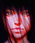  1girl black_hair brown_eyes chromatic_aberration close-up closed_mouth face hair_over_face highres ilya_kuvshinov lips looking_at_viewer original solo 