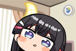  1girl black_hair blue_eyes blurry blurry_background blush_stickers chibi crescent curtains depth_of_field flat_screen_tv hair_ornament hairclip indoors kanikama logo nijisanji parted_lips smug solo television tsukino_mito virtual_youtuber window 