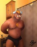  absurd_res anthro bathroom body_hair bovid bovine brown_body cattle chest_hair chubby_male digital_media_(artwork) facial_piercing fan_character hi_res horn male mammal muscular muscular_anthro muscular_male nose_piercing nose_ring percings piercing sharp_teeth solo sybervenn teeth 