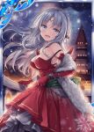  1girl :d akkijin balcony blue_eyes bra breasts christmas dress elbow_gloves frilled_dress frills gloves green_ribbon large_breasts looking_at_viewer night night_sky official_art open_mouth oracle_(shinkai_no_valkyrie) outdoors red_dress red_gloves ribbed_dress ribbon shinkai_no_valkyrie silver_hair sky smile snowflakes snowing tiara town underwear 
