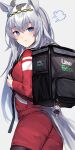  1girl :t animal_ears backpack bag blue_eyes eyebrows_visible_through_hair from_behind grey_background highres horse_ears horse_tail jacket long_hair long_sleeves looking_at_viewer miyasaka_miyabi oguri_cap_(umamusume) red_jacket silver_hair simple_background solo tail uber_eats umamusume 