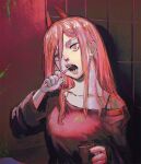  +_+ 1girl artist_name bathroom black_shirt bra_strap breasts brushing_teeth chainsaw_man collarbone commentary cup demon_horns expressionless hair_between_eyes head_tilt highres holding holding_cup holding_toothbrush horns indoors lips long_hair looking_at_viewer medium_breasts off-shoulder_shirt off_shoulder open_mouth pink_hair power_(chainsaw_man) red_eyes sharp_teeth shirt signature solo straight_hair teeth tile_wall tiles tongue toothbrush upper_body zemzk 