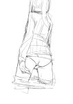  1girl arms_behind_back ass back behind_back detached_sleeves ears ears_back fu-ta greyscale long_hair monochrome panties ponytail sketch solo standing sweater thigh_gap thighs underwear 