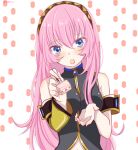  1girl armband bare_shoulders black_shirt blue_eyes cake commentary feeding food fork gold_trim hairband holding holding_fork long_hair looking_at_viewer megurine_luka midriff open_mouth pink_hair pov shirt single_arm_warmer sleeveless sleeveless_shirt solo twitter_username upper_body very_long_hair vocaloid yuneko1214 