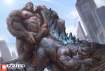  2021 abs absurd_res anthro ape ass_up balls black_body bodily_fluids building city digital_media_(artwork) duo erection genital_fluids genitals godzilla godzilla_(series) gorilla haplorhine hi_res kaiju king_kong lindong macro macro_on_macro male male/male mammal muscular muscular_anthro muscular_male nipples outside pecs penis precum primate scalie toho 