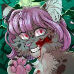  1:1 anthro aranert blood blood_on_face bodily_fluids claws dark_spots domestic_cat ear_piercing ear_ring felid feline felis fur grey_body grey_fur hair headshot_portrait icon mammal mixed_breed pawpads piercing pink_hair portrait savannah_cat teeth teeth_showing teeth_visible 