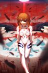 1girl absurdres arm_support bird blood blue_eyes brown_hair chromatic_aberration cross eyepatch feathers hair_between_eyes highres huge_filesize interface_headset light_smile long_hair looking_at_viewer neon_genesis_evangelion plugsuit shaded_face shikinami_asuka_langley solo souryuu_asuka_langley thigh_gap welve 