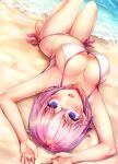  1girl :d armpits arms_up bare_arms bare_shoulders barefoot beach bikini bikini_top blush breasts cleavage collarbone eyebrows_visible_through_hair fate/grand_order fate_(series) hair_between_eyes highres large_breasts looking_at_viewer mash_kyrielight open_mouth outdoors pink_hair purple_eyes samoore short_hair smile solo swimsuit upper_body upside-down white_bikini 