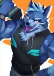  absurd_res anthro biceps blue_body blue_fur canid canine canis clothing dumbbell fur hi_res long_tongue male mammal manadezimon muscular muscular_anthro muscular_male sleeveless_hoodie solo tindalos_(tas) tokyo_afterschool_summoners tongue video_games weights wolf 