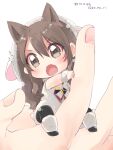  animal_costume animal_ears animal_hood arm_up ascot ashigara_(kancolle) awestruck bangs black_legwear blush brown_eyes brown_hair cat_ears chibi eyebrows_visible_through_hair fangs fluffy hair_between_eyes hair_intakes hood in_palm kantai_collection koruri long_hair open_mouth sheep_costume sheep_ears sheep_tail simple_background sleeveless solo_focus tail teeth twitter_username white_background 