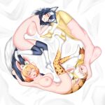  3girls ;) ;d alternate_breast_size animal_ear_fluff animal_ears animal_print armpits arms_up bangs black_hair blonde_hair blue_eyes breasts closed_mouth commission extra_ears eyebrows_visible_through_hair fennec_(kemono_friends) fox_ears fox_girl fox_tail from_above full_body grey_wolf_(kemono_friends) heterochromia highres huge_breasts kemono_friends kneehighs long_hair looking_at_viewer lying medium_hair multicolored_hair multiple_girls navel nipples nude on_side one_eye_closed open_mouth orange_hair print_legwear red_eyes serval_(kemono_friends) serval_ears serval_girl serval_print serval_tail shiny shiny_hair skindentation smile stomach tail two-tone_hair white_hair wolf_ears wolf_girl wolf_tail yellow_eyes yon_senpai 