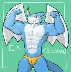  2021 abs anthro biceps bulge character_name clothing digimon digimon_(species) exveemon flexing green_background hi_res horn jrjresq looking_at_viewer male muscular muscular_anthro muscular_male pecs pinup pose simple_background solo standing thong underwear wings 