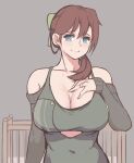  1girl bare_shoulders bow breasts buttons cleavage collarbone covered_navel cradle folait hair_bow jewelry large_breasts mature_female mole mole_under_eye off_shoulder original ponytail ring short_hair solo 