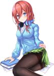  1girl :t absurdres black_legwear blue_eyes blue_sweater book breasts cardigan commentary_request go-toubun_no_hanayome green_skirt hair_between_eyes headphones headphones_around_neck highres large_breasts looking_at_viewer nakano_miku neon_(hhs9444) pantyhose pout red_hair sitting skirt sweater white_background yokozuwari 