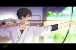  1boy archery arrow_(projectile) bangs blurry blurry_background bow_(weapon) brown_gloves brown_hair collarbone commentary_request dated drawing_bow from_side gloves holding holding_bow_(weapon) holding_weapon japanese_clothes kimono kouno_kb kyuudou male_focus meitantei_conan parted_lips partially_fingerless_gloves profile purple_eyes scotch_(meitantei_conan) short_hair signature single_glove solo upper_body weapon white_kimono wooden_wall yugake 