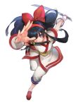  1girl black_hair bow floating_hair hair_bow hair_over_one_eye holding holding_sword holding_weapon huge_bow in_mouth japanese_clothes kimono leaning_forward long_hair nakoruru one_eye_covered open_hand pagye pants purple_eyes red_bow red_footwear samurai_spirits sheath solo sword weapon white_pants 