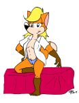  aimee_fizuth anthro barefoot bed blonde_hair breasts camel_toe canid canine clothing feet female fox furniture hair hi_res looking_at_viewer mammal midriff navel pubes shirt topwear underwear world_of_fizz worldoffizz 