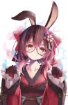  1girl absurdres android animal_ears bangs black-framed_eyewear blush brown_hair bunny_ears collarbone extra_ears frilled_sleeves frills glasses gradient_hair hair_between_eyes hair_ornament hands_up head_tilt highres hololive japanese_clothes kimono long_hair long_sleeves looking_at_viewer mechanical_arms multicolored_hair ninniku_mashimashi obi parted_lips red_kimono roboco-san sash smile solo teardrop-framed_glasses teeth virtual_youtuber wide_sleeves yellow_eyes 