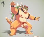  anthro balls belly bodily_fluids bowser bracelet cum genital_fluids genitals hi_res horn humanoid_genitalia humanoid_penis jewelry koopa male mario_bros maruikito nintendo penis scalie shell slightly_chubby solo spiked_bracelet spikes video_games 