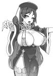  1girl alternate_costume areolae arms_up breasts cleavage cowboy_shot dress drooling fate/grand_order fate_(series) fingernails greyscale hat highleg highleg_panties huge_breasts jiangshi jorin long_fingernails long_hair long_tongue minamoto_no_raikou_(fate) monochrome panties revealing_clothes see-through sharp_fingernails solo string_panties thighhighs tongue tongue_out underwear very_long_hair 