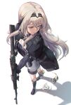  1girl an-94 an-94_(girls_frontline) animal assault_rifle black_gloves blue_eyes breasts cat girls_frontline gloves gun hairband highres holding holding_gun holding_weapon jacket long_hair niac parted_lips platinum_blonde_hair rifle solo weapon 
