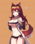  1girl :d absurdres animal_ears ass_visible_through_thighs bare_shoulders black_skirt breasts cleavage cowboy_shot detached_sleeves drooling duguddnr fenrir_(last_origin) fox_ears fox_girl fox_tail groin highres large_breasts last_origin long_hair long_sleeves looking_at_viewer microskirt navel open_mouth orange_background orange_eyes red_hair revealing_clothes side_slit simple_background skirt smile solo stomach sweat tail thighs 