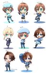  1girl beret blonde_hair blue_headwear bodysuit breasts brown_hair chibi cleavage clothes_around_waist gun handgun hat headset jill_valentine looking_at_viewer military military_uniform multiple_persona nagare open_mouth ponytail resident_evil resident_evil_1 resident_evil_3 resident_evil_5 resident_evil_revelations short_hair short_ponytail simple_background skirt strapless tank_top tubetop uniform weapon 