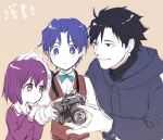  1girl 2boys ahoge black_hair blue_eyes blue_hair bow bowtie brother_and_sister camera dress fate/zero fate_(series) hand_on_another&#039;s_head hood hoodie matou_kariya matou_sakura matou_shinji multiple_boys petting purple_dress purple_eyes purple_hair r.sw short_hair siblings smile sweater turtleneck turtleneck_sweater uncle_and_niece vest wavy_hair 