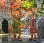  2021 anthro clothed clothing cornflower_fieldmouse detailed_background dialogue duo english_text eyes_closed female fully_clothed fur hand_holding head_tuft hi_res light lighting male mammal matthias_(redwall) mouse murid murine outside plant redwall rodent shaded smile text tree trenin tuft 