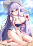  1girl bare_arms bare_shoulders barefoot beach between_legs bikini black_bikini breasts cleavage cup day drinking_glass frills gou_lianlian_dogface hair_flaps hat highres holding honkai_(series) honkai_impact_3rd large_breasts long_hair looking_at_viewer orange_eyes outdoors purple_hair sirin smile solo sun_hat swimsuit thighs very_long_hair wet white_headwear wine_glass 