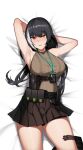  1girl absurdres armpits arms_up bangs bare_legs black_hair black_skirt blush breasts cero_(last2stage) commission eyebrows_visible_through_hair girls_frontline heterochromia highres lanyard large_breasts long_hair long_sleeves looking_at_viewer lying miniskirt mod3_(girls_frontline) multicolored_hair on_back parted_lips red_eyes ro635_(girls_frontline) skirt sleeveless_sweater solo streaked_hair sweater weapon white_hair yellow_eyes 