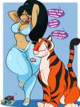  2019 3:4 bedroom_eyes big_breasts black_body black_fur black_hair black_stripes blush breasts brown_eyes cleavage clothed clothing curvy_figure dialogue digital_media_(artwork) disney disney&#039;s_aladdin duo english_text fangs felid feline female feral fur hair hands_behind_head hi_res hourglass_figure huge_breasts human inkit89 jewelry lipstick looking_at_viewer makeup male mammal midriff multicolored_body multicolored_fur narrowed_eyes necklace orange_body orange_fur pantherine princess princess_jasmine_(aladdin) rajah_(aladdin) royalty seductive simple_background smile stripes stripped_body stripped_fur talking_to_viewer tan_body tan_skin teeth text thick_thighs tiger tongue voluptuous white_body white_fur wide_hips 