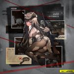  1girl ass assault_rifle banned_artist black_gloves black_hair black_legwear blue_eyes blush closed_mouth frown full_body girls_frontline gloves gun hat highres howa_type_64_(girls_frontline) long_hair magnifying_glass official_art pantyhose parsley-f rifle ringlets shoes sidelocks single_shoe sitting solo sweatdrop torn_clothes torn_legwear weapon yokozuwari 