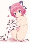  animal_ears animal_print arm_around_leg bikini black_ribbon blue_eyes blush breasts collar cow_print elbow_gloves eyebrows_visible_through_hair fake_animal_ears fake_horns fake_tail gloves hair_between_eyes hair_ornament hair_ribbon heart highres hiiragi_kae horns looking_at_viewer open_mouth pink_hair re:stage! ribbon rst_hoshinono short_hair sideboob simple_background sitting swimsuit tail thighhighs thighs white_background 